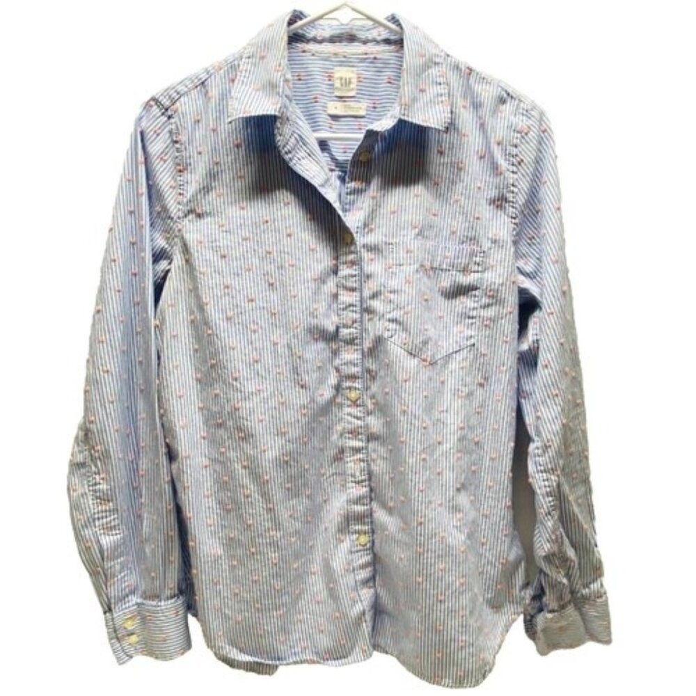 Gap Fitted Boyfriend Shirt Women’s Medium White Blue Stripe Pink Squares Top GUC